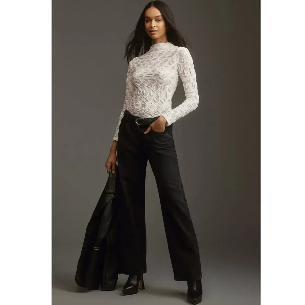 Anthropologie Maeve Talia Long Sleeve Mock Neck Textured Top in Ivory Women's S